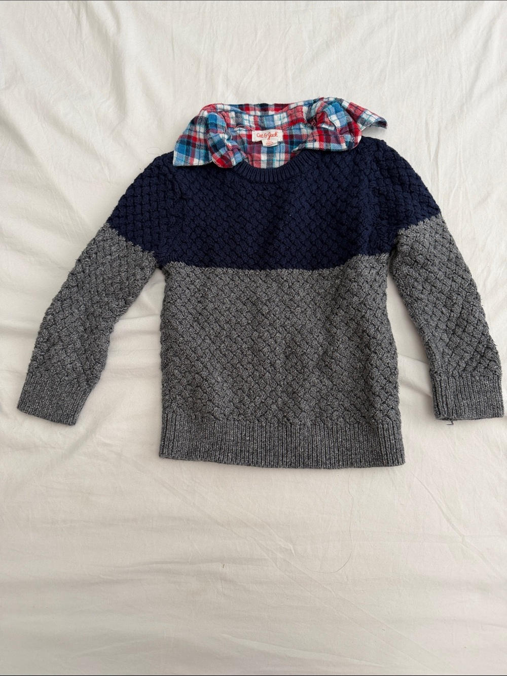 Cat & Jack Navy and Gray Knit Sweater with Plaid Collar